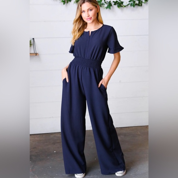 Dark Blue Smocked Waist Notch Neck Crepe Jumpsuit - Picture 1 of 10